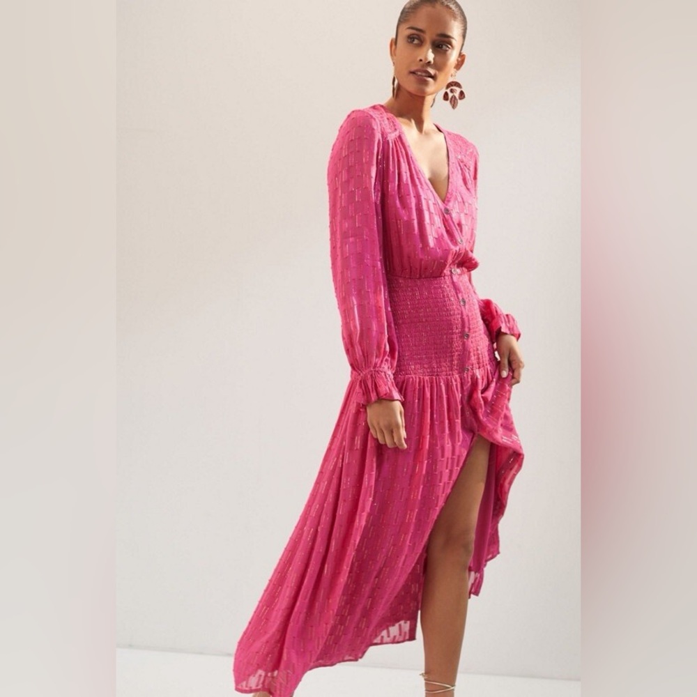 ANTHROPOLOGIE Smocked Fuscia Long Sleeve V-Neck Maxi Dress